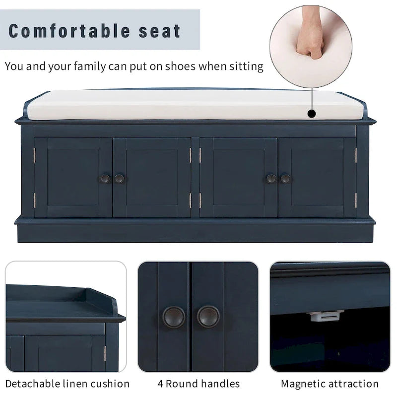 Banc de rangement 4 portes Blanc/Bleu avec étagères réglables et coussin amovible (2 places assises)