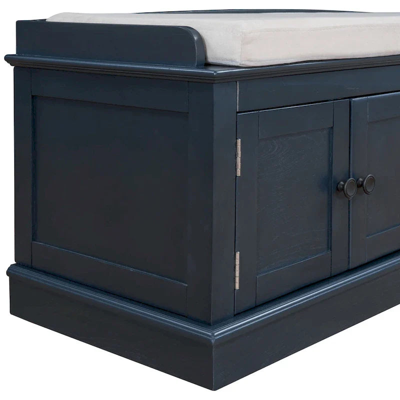 Banc de rangement 4 portes Blanc/Bleu avec étagères réglables et coussin amovible (2 places assises)