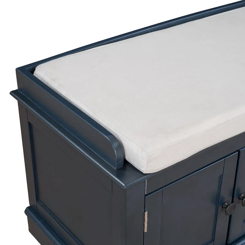 Banc de rangement 4 portes Blanc/Bleu avec étagères réglables et coussin amovible (2 places assises)