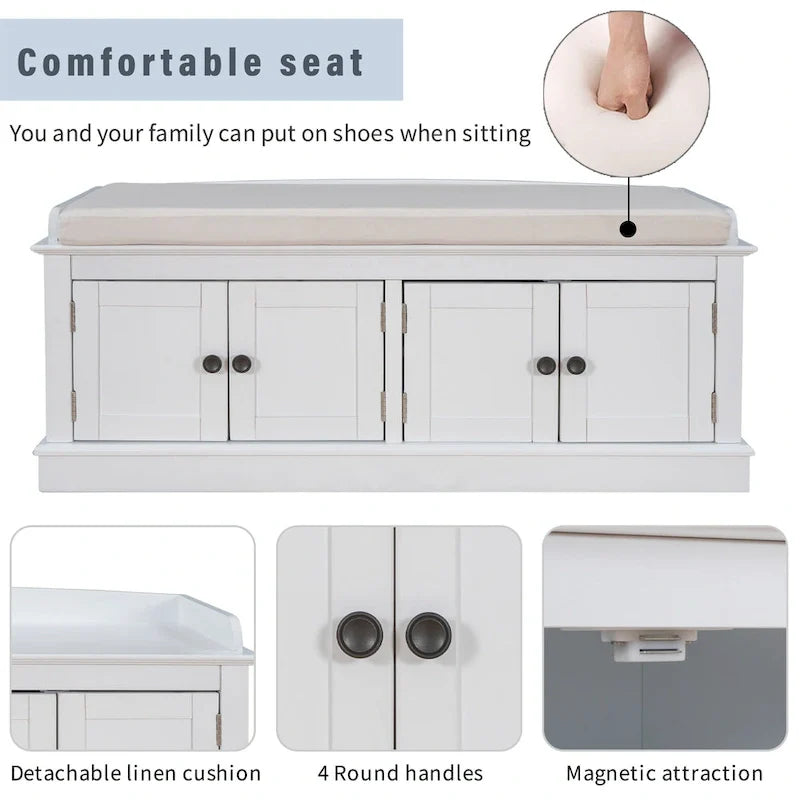 Banc de rangement 4 portes Blanc/Bleu avec étagères réglables et coussin amovible (2 places assises)