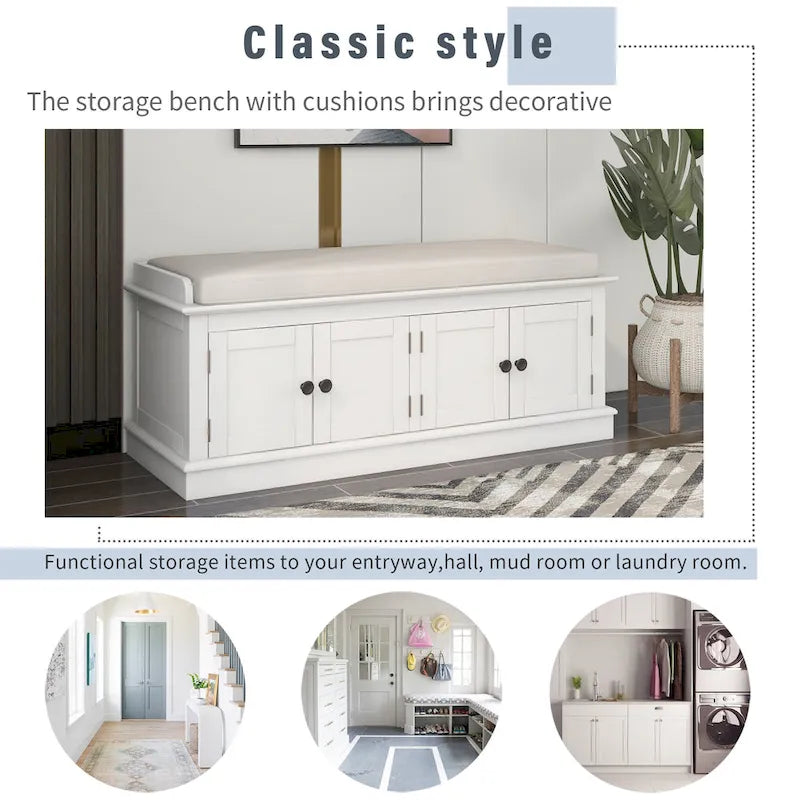 Banc de rangement 4 portes Blanc/Bleu avec étagères réglables et coussin amovible (2 places assises)