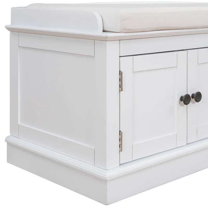 Banc de rangement 4 portes Blanc/Bleu avec étagères réglables et coussin amovible (2 places assises)