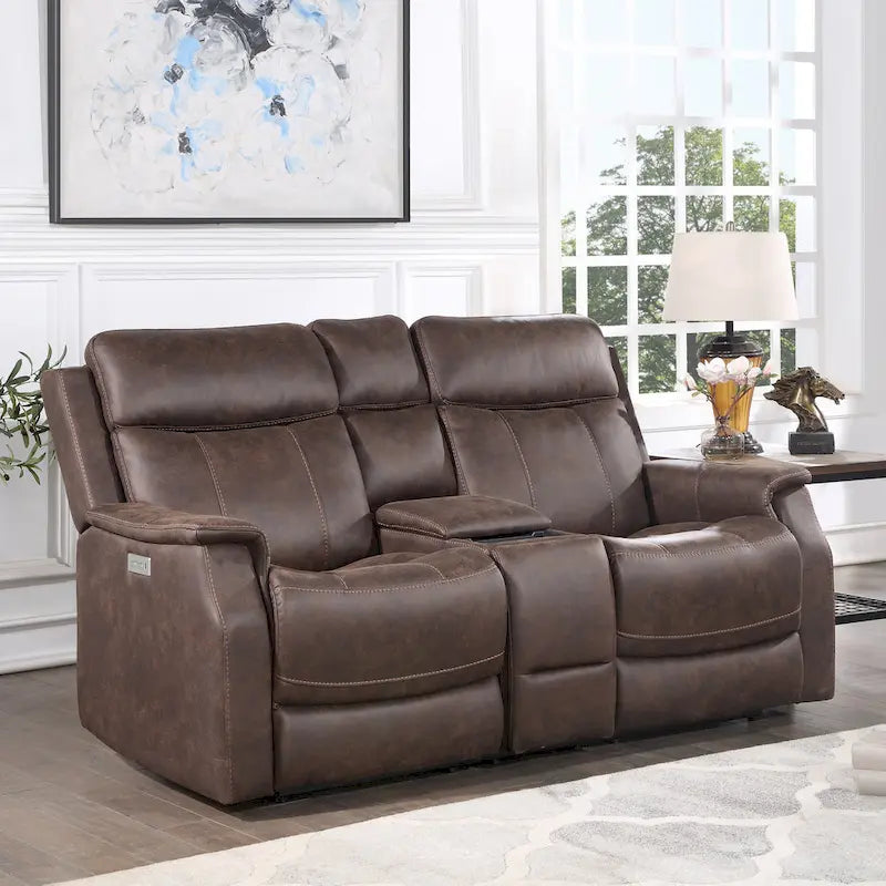 Causeuse de console inclinable électrique en similicuir bleu océan/marron noyer pour 2 personnes