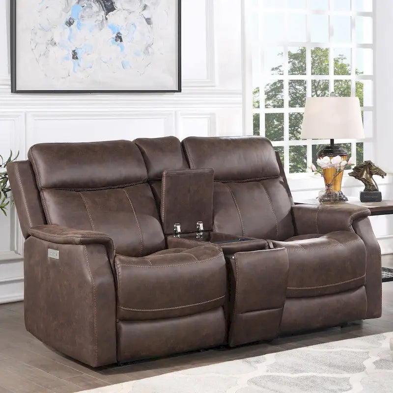 Causeuse de console inclinable électrique en similicuir bleu océan/marron noyer pour 2 personnes
