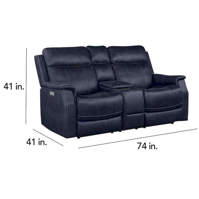 Causeuse de console inclinable électrique en similicuir bleu océan/marron noyer pour 2 personnes