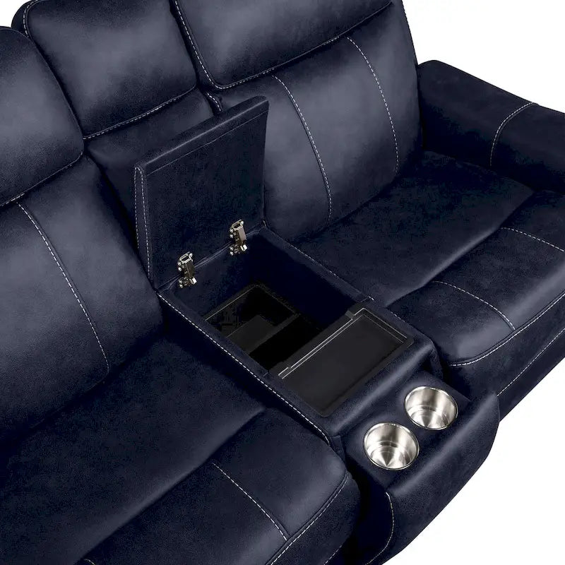 Causeuse de console inclinable électrique en similicuir bleu océan/marron noyer pour 2 personnes