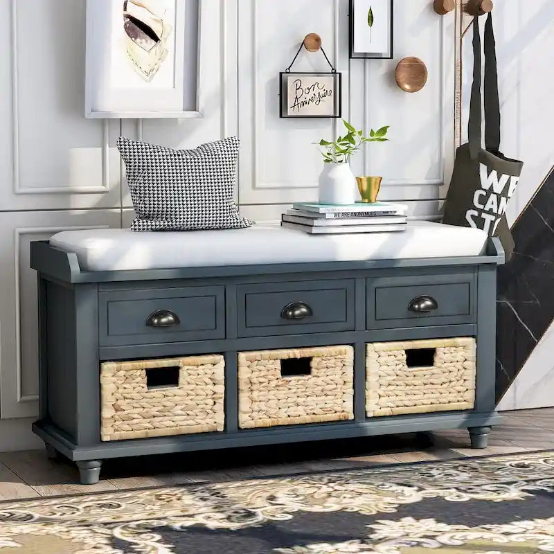 Banc de Rangement Rustique Antique Bleu Marine/Expresso/Blanc Lavé/Blanc avec 3 Tiroirs et 3 Paniers en Rotin, 1 Place