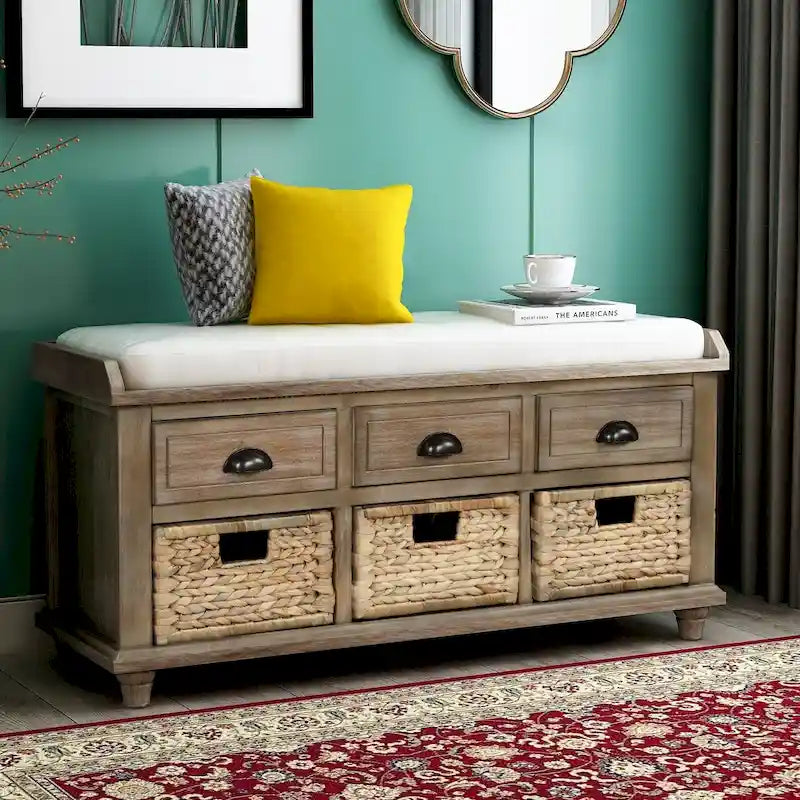 Banc de Rangement Rustique Antique Bleu Marine/Expresso/Blanc Lavé/Blanc avec 3 Tiroirs et 3 Paniers en Rotin, 1 Place