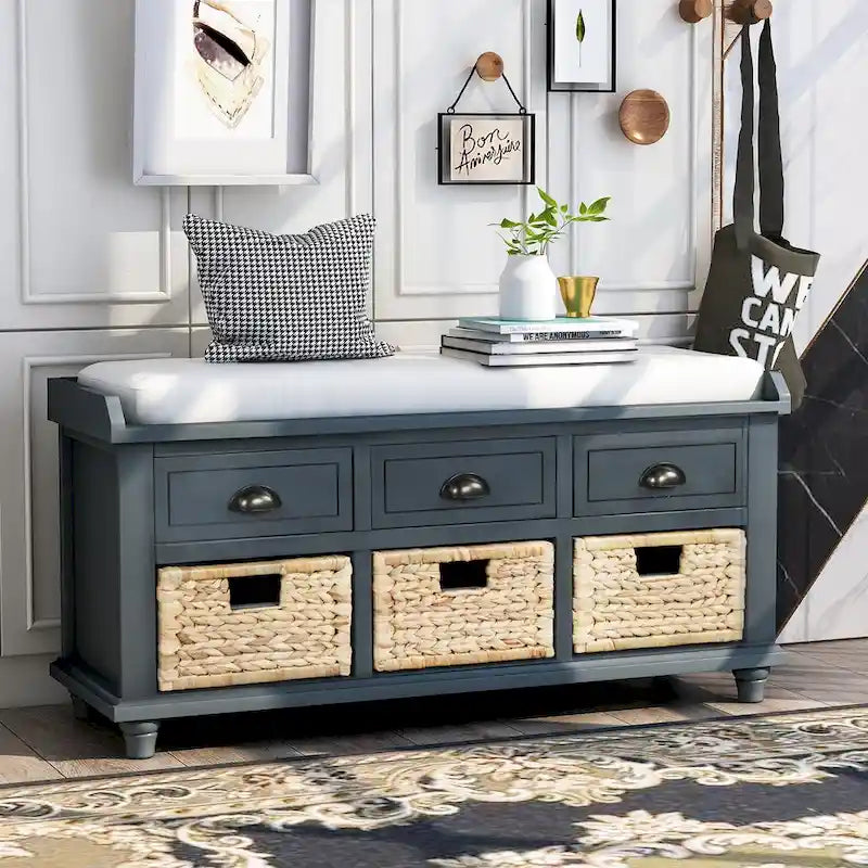 Banc de Rangement Rustique Antique Bleu Marine/Expresso/Blanc Lavé/Blanc avec 3 Tiroirs et 3 Paniers en Rotin, 1 Place