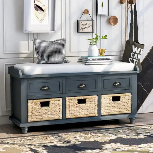 Banc de Rangement Rustique Antique Bleu Marine/Expresso/Blanc Lavé/Blanc avec 3 Tiroirs et 3 Paniers en Rotin, 1 Place