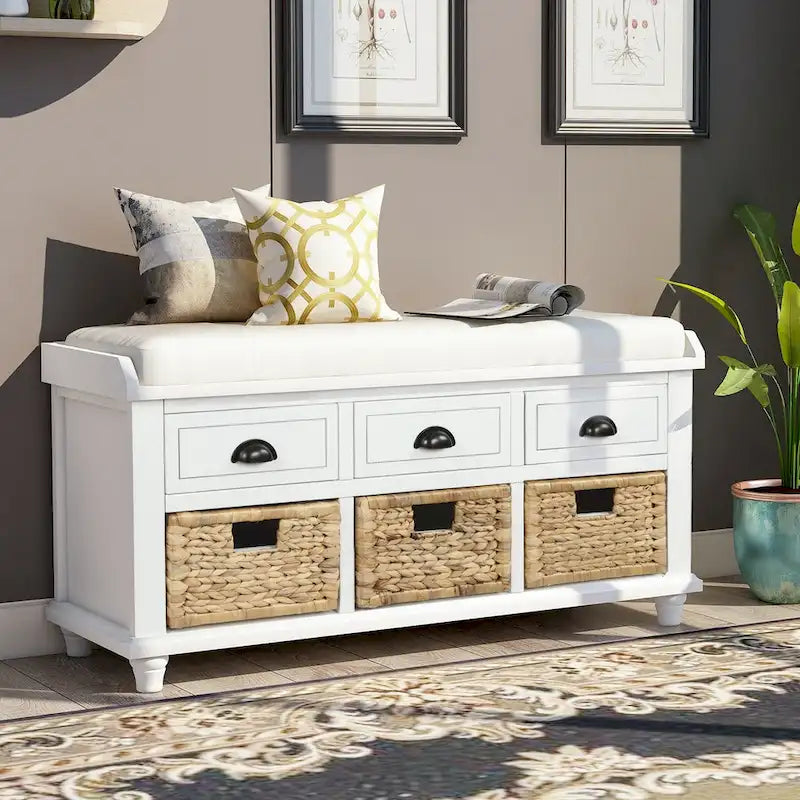 Banc de Rangement Rustique Antique Bleu Marine/Expresso/Blanc Lavé/Blanc avec 3 Tiroirs et 3 Paniers en Rotin, 1 Place