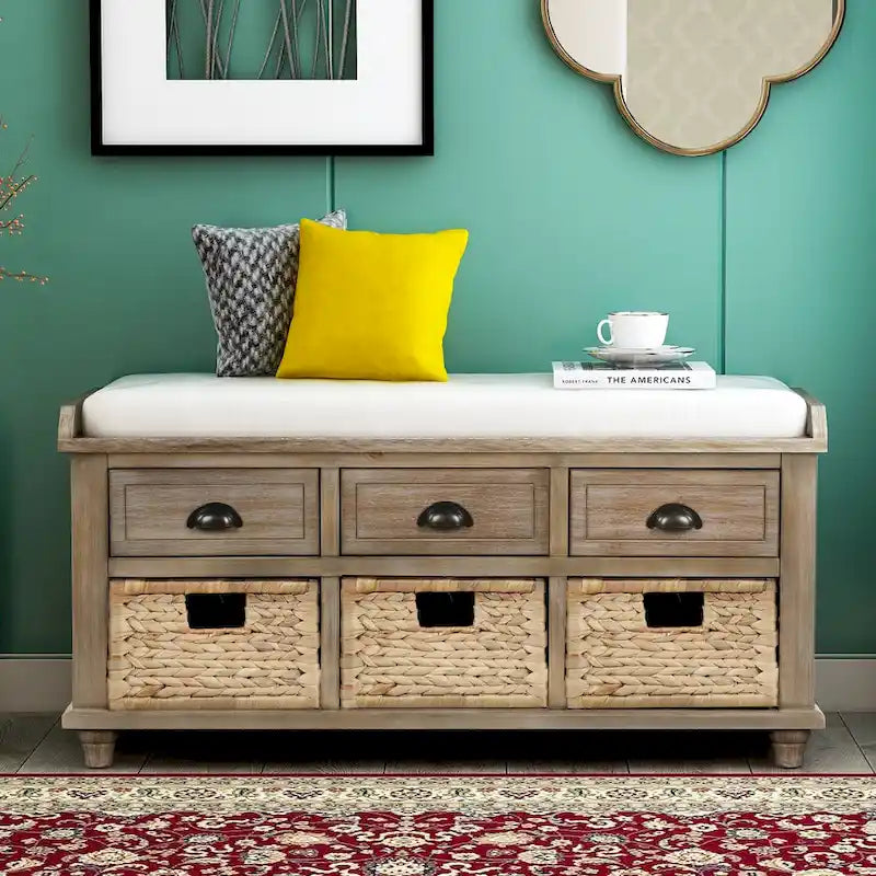 Banc de Rangement Rustique Antique Bleu Marine/Expresso/Blanc Lavé/Blanc avec 3 Tiroirs et 3 Paniers en Rotin, 1 Place