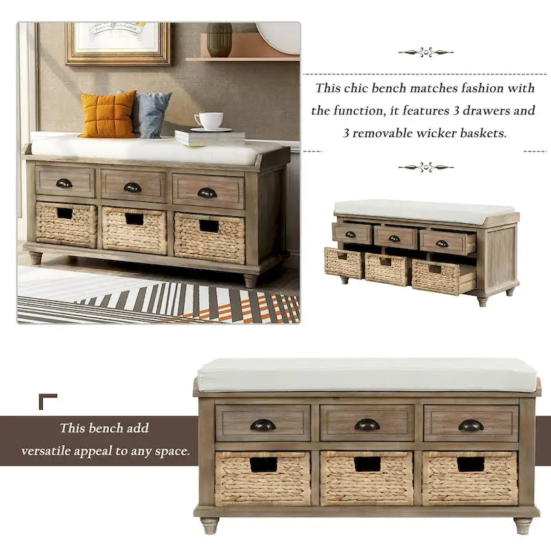 Banc de Rangement Rustique Antique Bleu Marine/Expresso/Blanc Lavé/Blanc avec 3 Tiroirs et 3 Paniers en Rotin, 1 Place