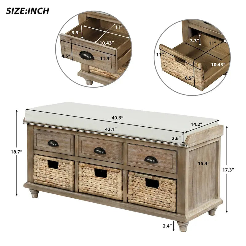 Banc de Rangement Rustique Antique Bleu Marine/Expresso/Blanc Lavé/Blanc avec 3 Tiroirs et 3 Paniers en Rotin, 1 Place