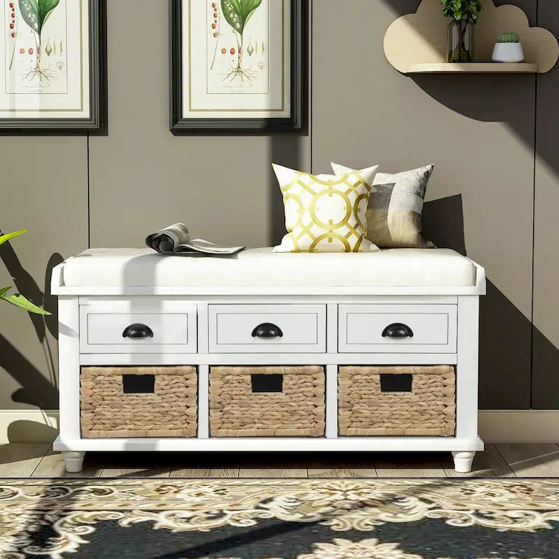 Banc de Rangement Rustique Antique Bleu Marine/Expresso/Blanc Lavé/Blanc avec 3 Tiroirs et 3 Paniers en Rotin, 1 Place