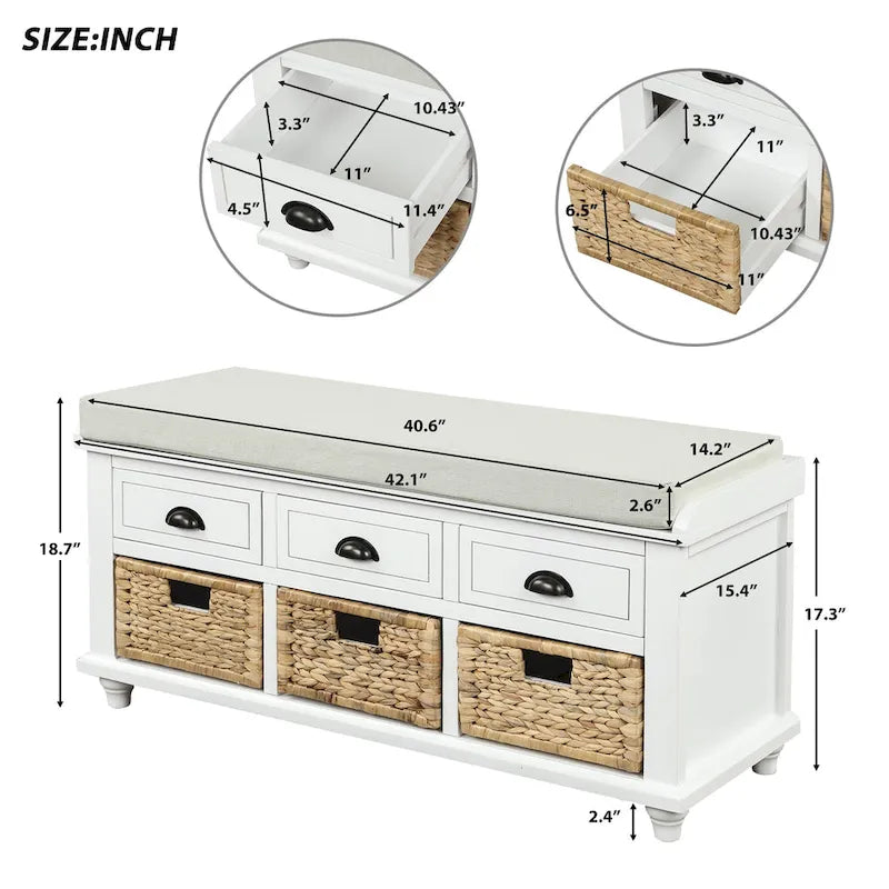 Banc de Rangement Rustique Antique Bleu Marine/Expresso/Blanc Lavé/Blanc avec 3 Tiroirs et 3 Paniers en Rotin, 1 Place