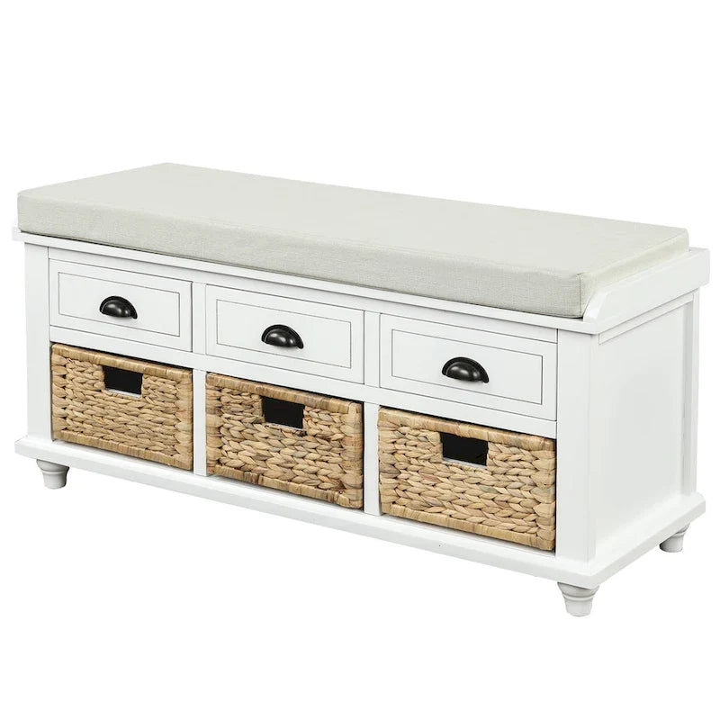 Banc de Rangement Rustique Antique Bleu Marine/Expresso/Blanc Lavé/Blanc avec 3 Tiroirs et 3 Paniers en Rotin, 1 Place