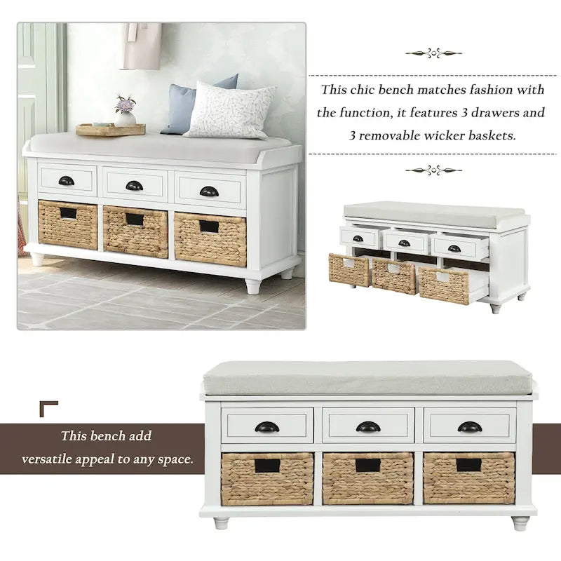 Banc de Rangement Rustique Antique Bleu Marine/Expresso/Blanc Lavé/Blanc avec 3 Tiroirs et 3 Paniers en Rotin, 1 Place