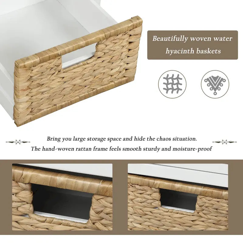 Banc de Rangement Rustique Antique Bleu Marine/Expresso/Blanc Lavé/Blanc avec 3 Tiroirs et 3 Paniers en Rotin, 1 Place