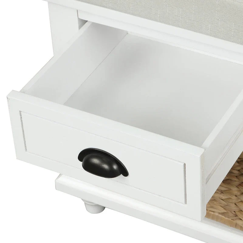 Banc de Rangement Rustique Antique Bleu Marine/Expresso/Blanc Lavé/Blanc avec 3 Tiroirs et 3 Paniers en Rotin, 1 Place