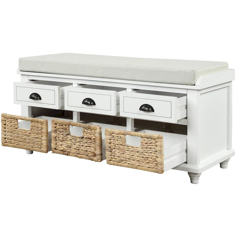 Banc de Rangement Rustique Antique Bleu Marine/Expresso/Blanc Lavé/Blanc avec 3 Tiroirs et 3 Paniers en Rotin, 1 Place