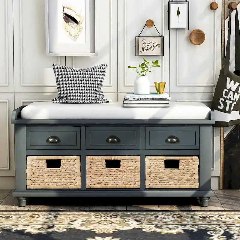 Banc de Rangement Rustique Antique Bleu Marine/Expresso/Blanc Lavé/Blanc avec 3 Tiroirs et 3 Paniers en Rotin, 1 Place