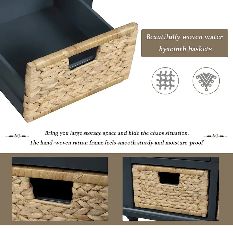 Banc de Rangement Rustique Antique Bleu Marine/Expresso/Blanc Lavé/Blanc avec 3 Tiroirs et 3 Paniers en Rotin, 1 Place
