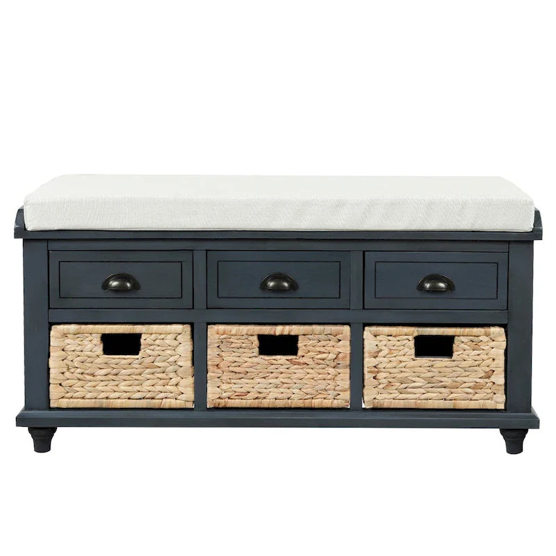 Banc de Rangement Rustique Antique Bleu Marine/Expresso/Blanc Lavé/Blanc avec 3 Tiroirs et 3 Paniers en Rotin, 1 Place