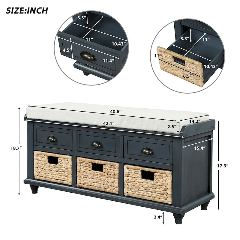 Banc de Rangement Rustique Antique Bleu Marine/Expresso/Blanc Lavé/Blanc avec 3 Tiroirs et 3 Paniers en Rotin, 1 Place