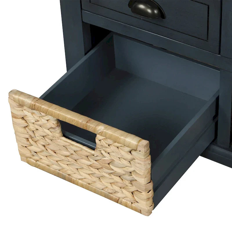 Banc de Rangement Rustique Antique Bleu Marine/Expresso/Blanc Lavé/Blanc avec 3 Tiroirs et 3 Paniers en Rotin, 1 Place