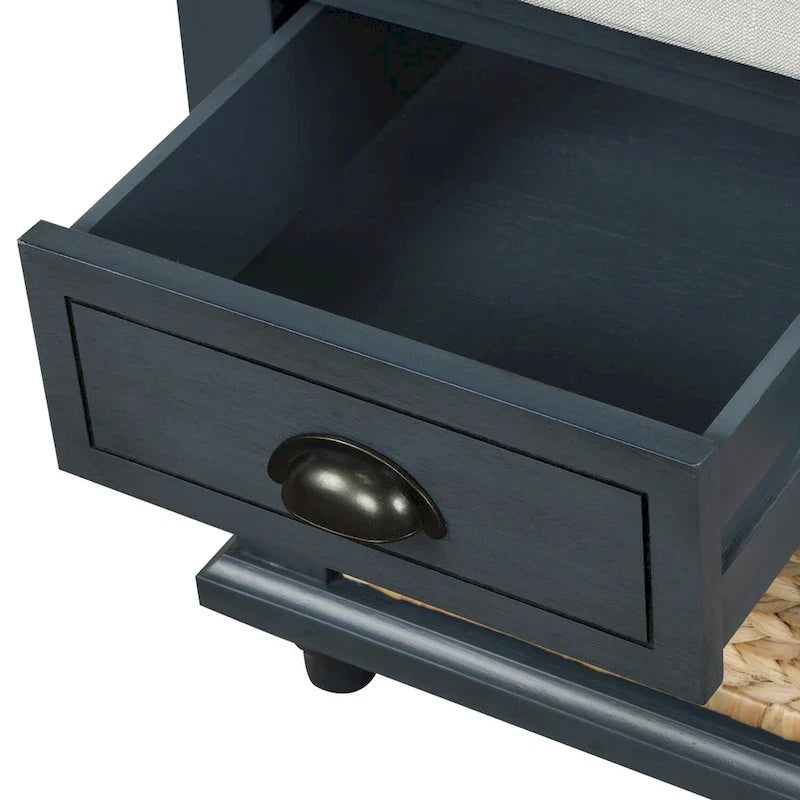 Banc de Rangement Rustique Antique Bleu Marine/Expresso/Blanc Lavé/Blanc avec 3 Tiroirs et 3 Paniers en Rotin, 1 Place