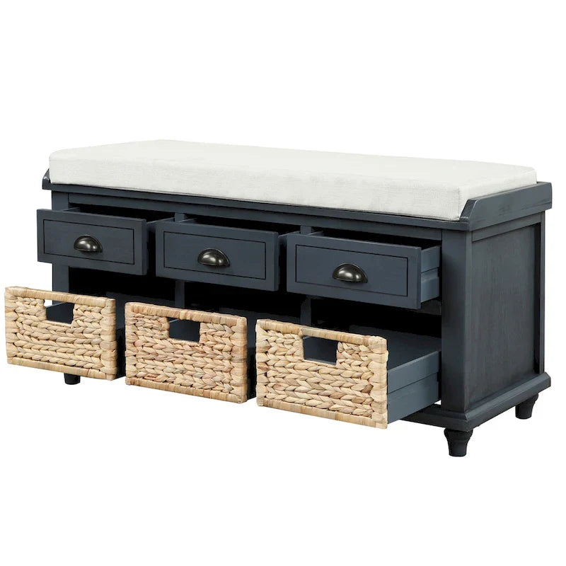 Banc de Rangement Rustique Antique Bleu Marine/Expresso/Blanc Lavé/Blanc avec 3 Tiroirs et 3 Paniers en Rotin, 1 Place
