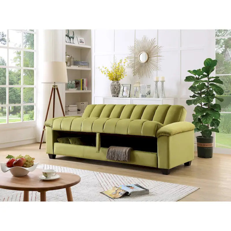 Canapé-lit convertible 2 places en velours avec rangement – Bleu / Rouge / Vert / Crème / Gris / Marron / Gris clair
