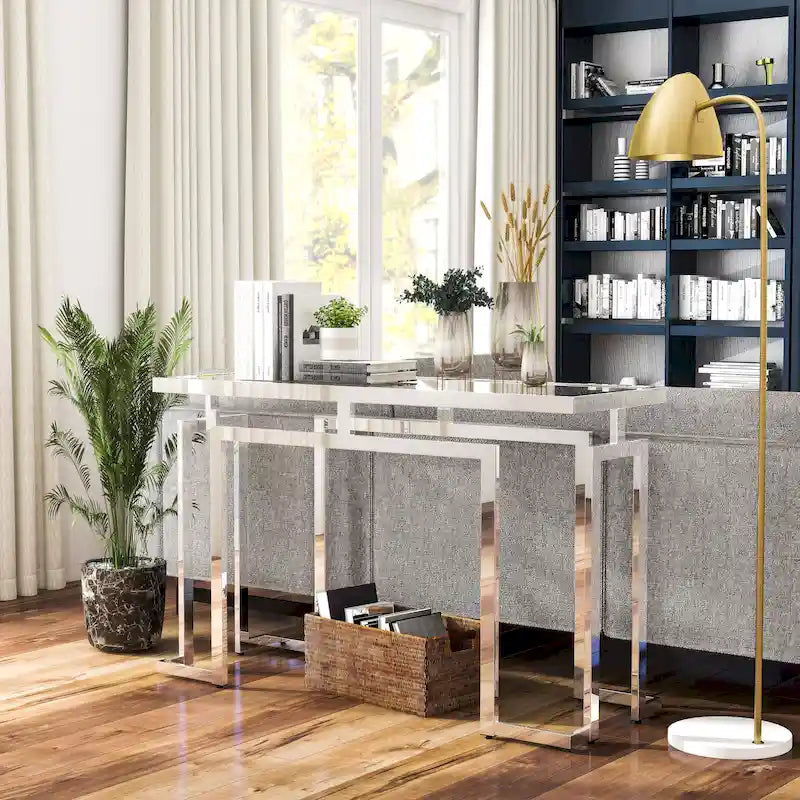 Table console de 52 po avec plateau en verre, chrome/doré, style contemporain, assemblage par 1 personne