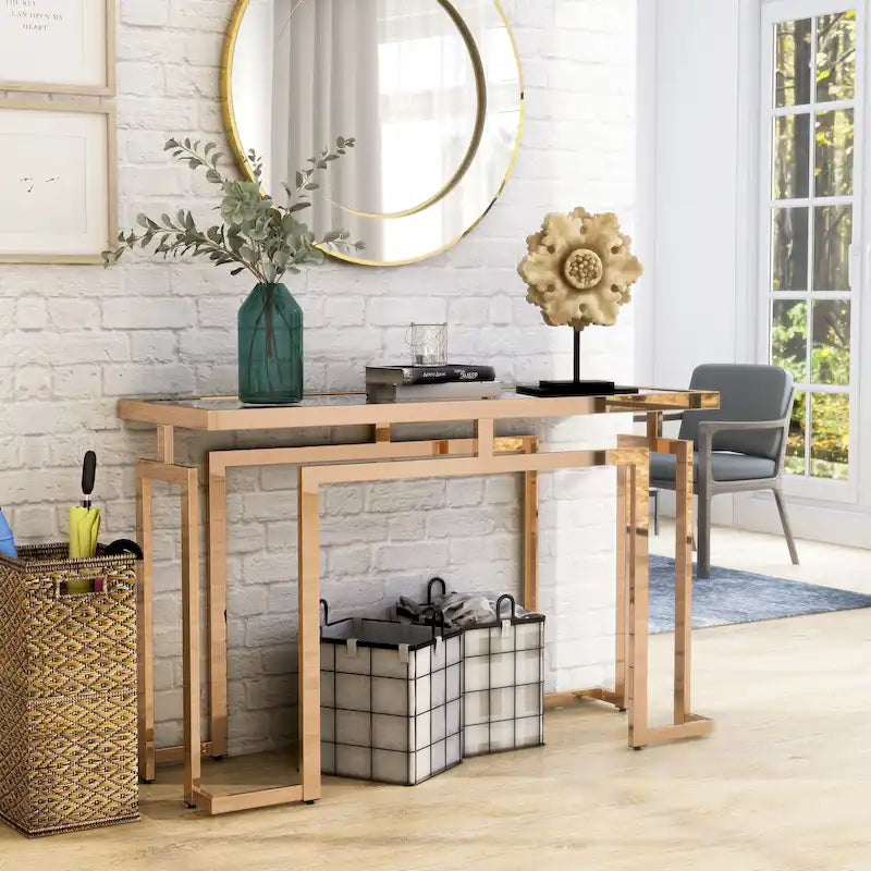 Table console de 52 po avec plateau en verre, chrome/doré, style contemporain, assemblage par 1 personne