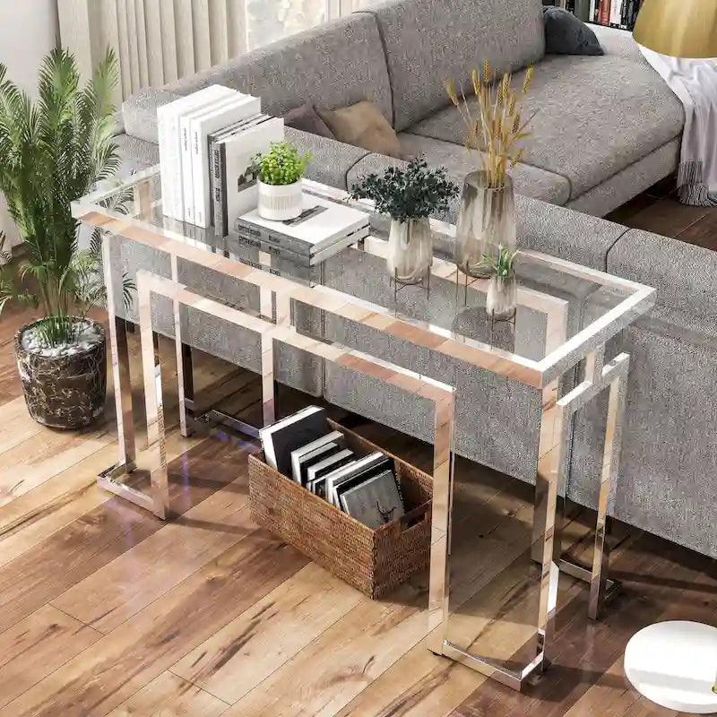 Table console de 52 po avec plateau en verre, chrome/doré, style contemporain, assemblage par 1 personne