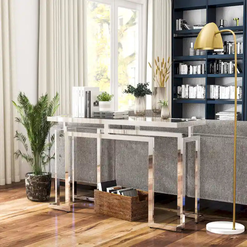 Table console de 52 po avec plateau en verre, chrome/doré, style contemporain, assemblage par 1 personne