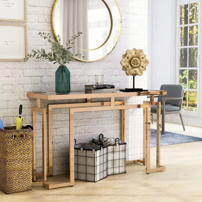 Table console de 52 po avec plateau en verre, chrome/doré, style contemporain, assemblage par 1 personne