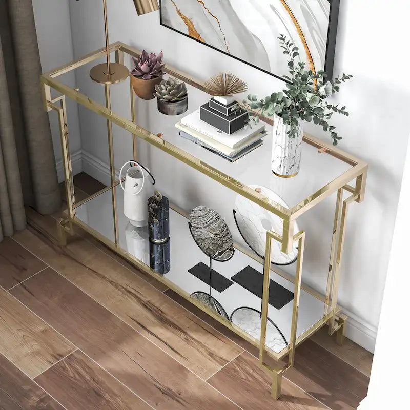 Table console Glam Champagne avec plateau en verre et étagère miroir, 1 étagère