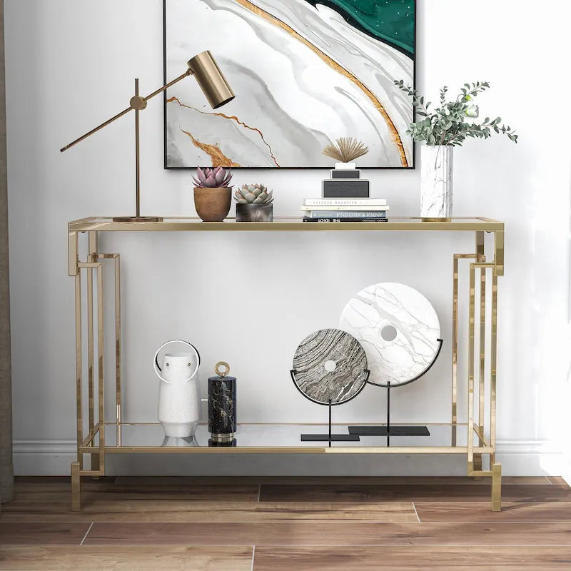 Table console Glam Champagne avec plateau en verre et étagère miroir, 1 étagère