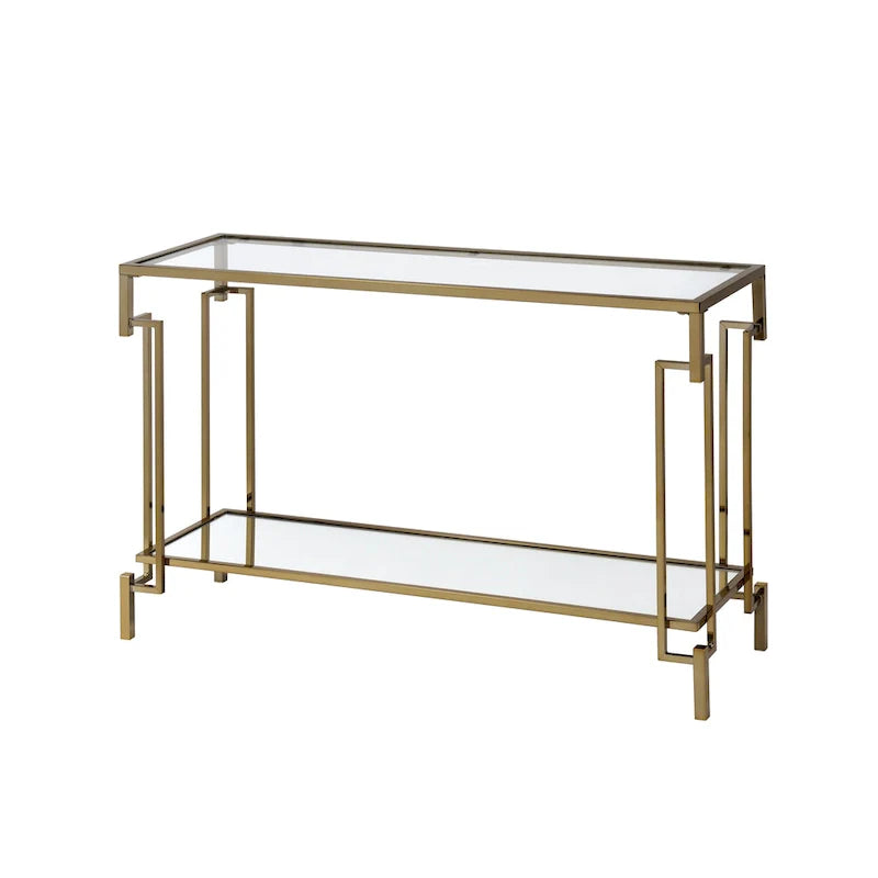 Table console Glam Champagne avec plateau en verre et étagère miroir, 1 étagère