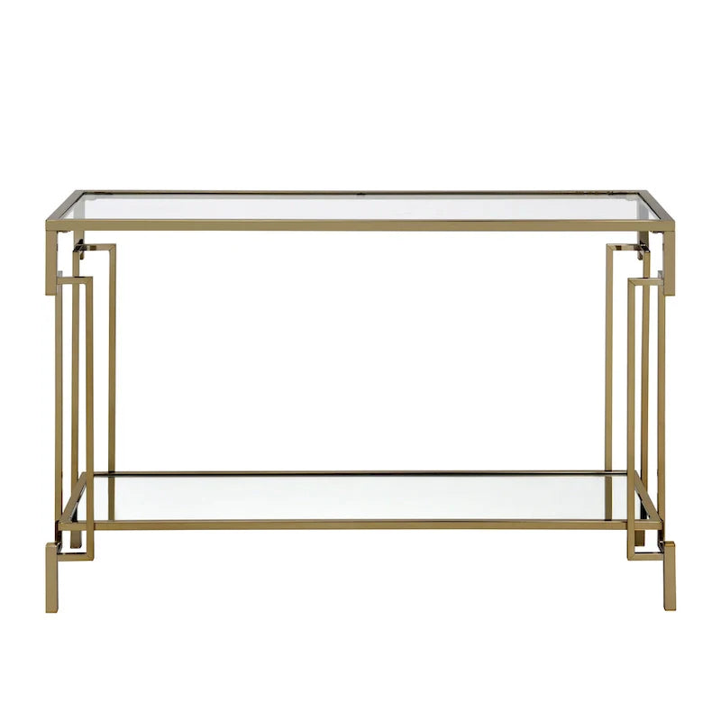 Table console Glam Champagne avec plateau en verre et étagère miroir, 1 étagère