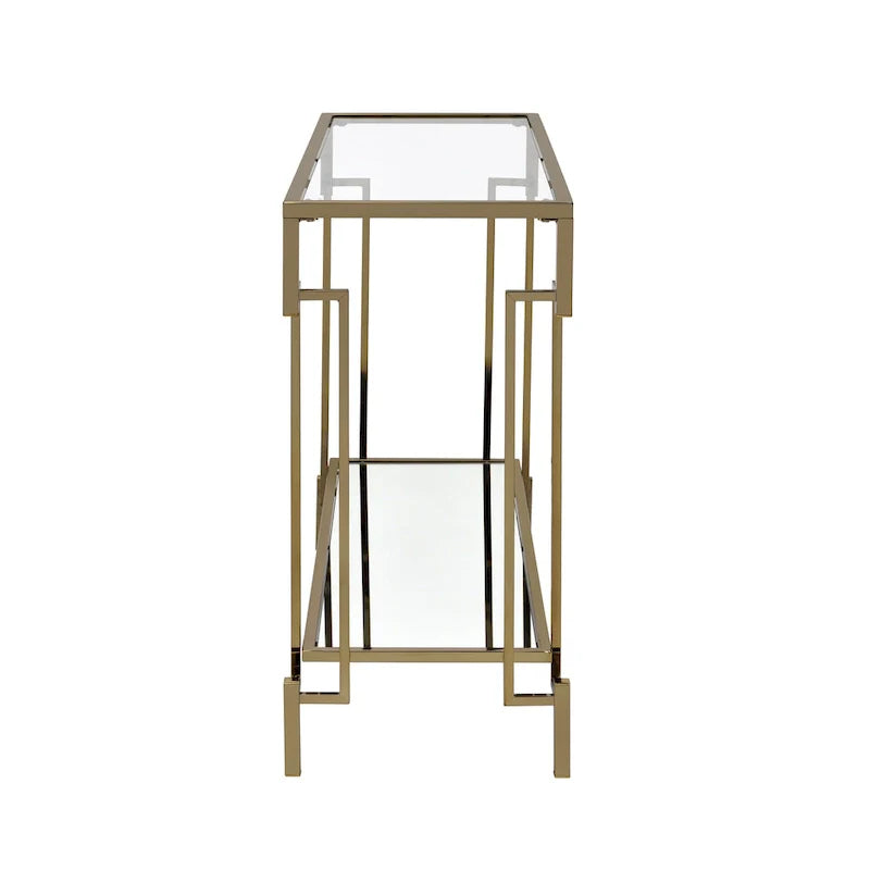 Table console Glam Champagne avec plateau en verre et étagère miroir, 1 étagère