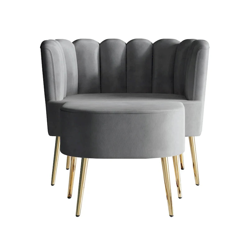 Fauteuil d'appoint en velours gris clair / bleu marine / noir / gris argenté / rose clair avec ottomane, 1 place, pieds dorés