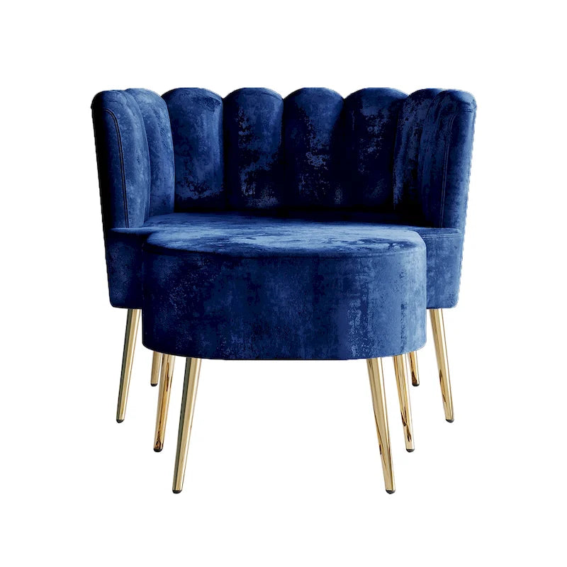 Fauteuil d'appoint en velours gris clair / bleu marine / noir / gris argenté / rose clair avec ottomane, 1 place, pieds dorés