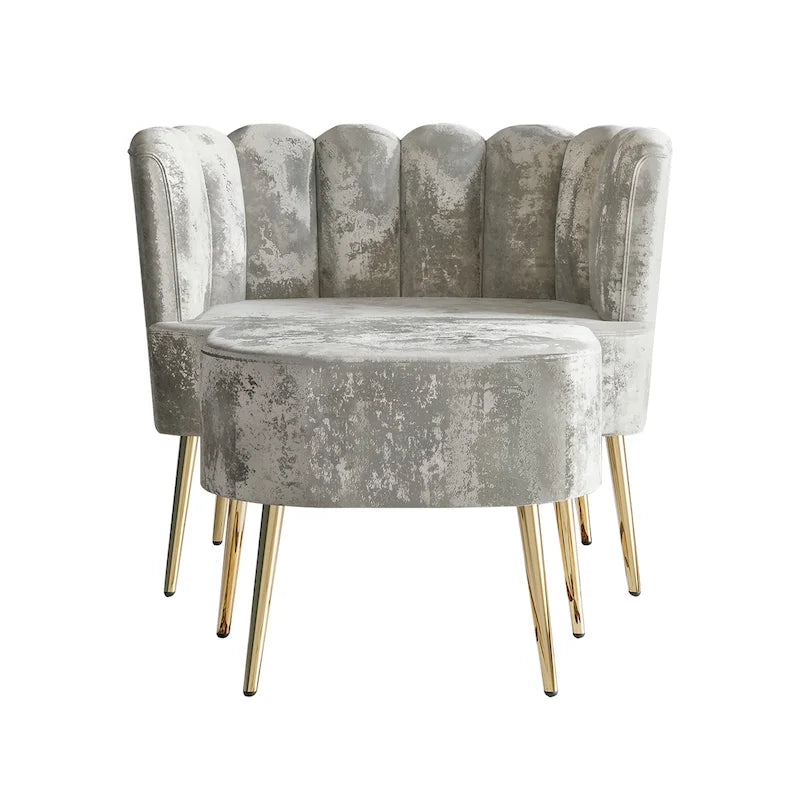 Fauteuil d'appoint en velours gris clair / bleu marine / noir / gris argenté / rose clair avec ottomane, 1 place, pieds dorés