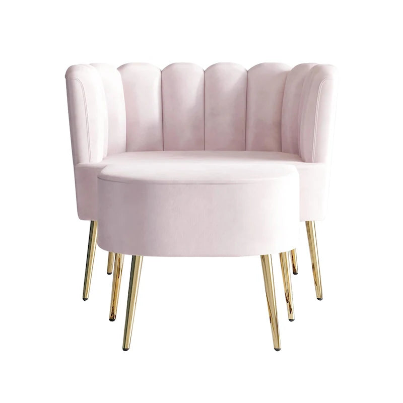 Fauteuil d'appoint en velours gris clair / bleu marine / noir / gris argenté / rose clair avec ottomane, 1 place, pieds dorés