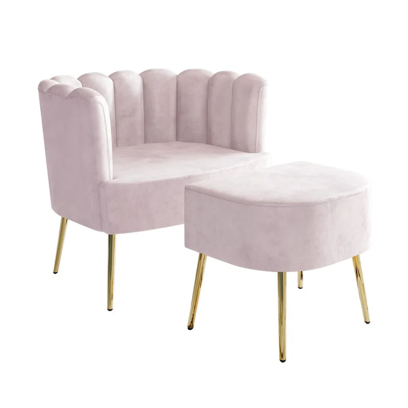 Fauteuil d'appoint en velours gris clair / bleu marine / noir / gris argenté / rose clair avec ottomane, 1 place, pieds dorés