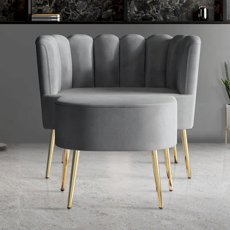 Fauteuil d'appoint en velours gris clair / bleu marine / noir / gris argenté / rose clair avec ottomane, 1 place, pieds dorés