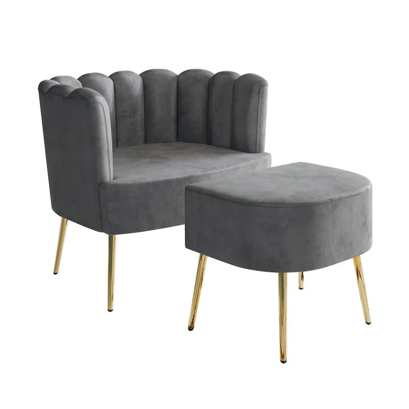 Fauteuil d'appoint en velours gris clair / bleu marine / noir / gris argenté / rose clair avec ottomane, 1 place, pieds dorés